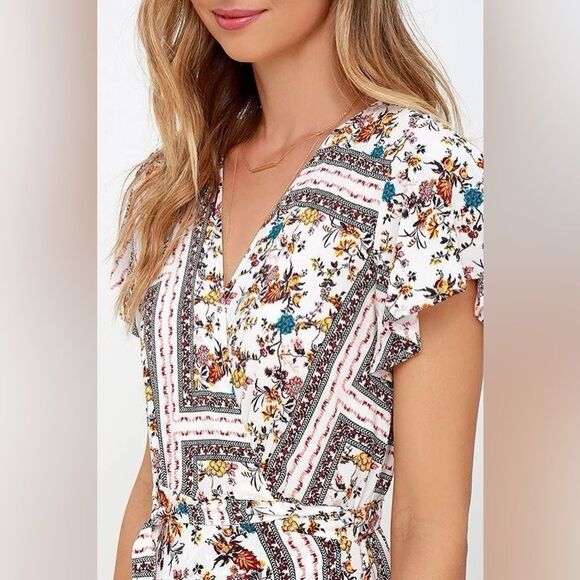 Lulus Playing Fleur Keeps Ivory Floral Bohemian Print Wrap Maxi Dress Sz. Small - Picture 6 of 16